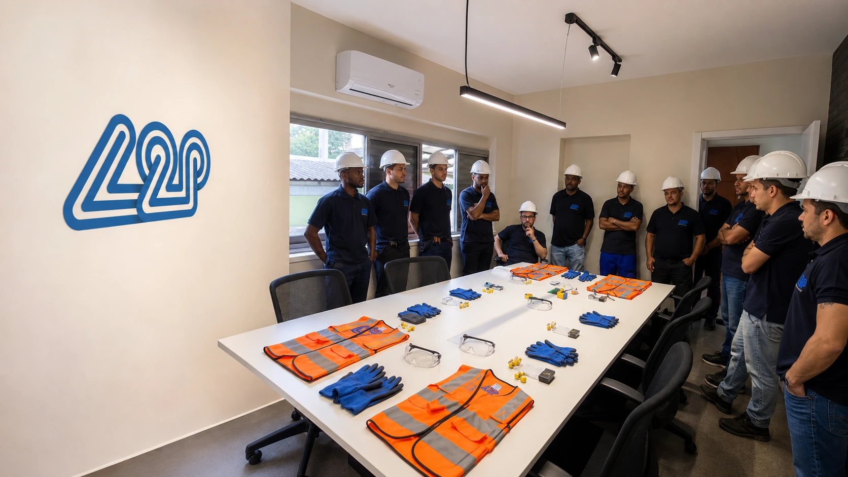 Equipe brasileira da L2P com capacetes em rotina de segurança e inspeção de EPIs